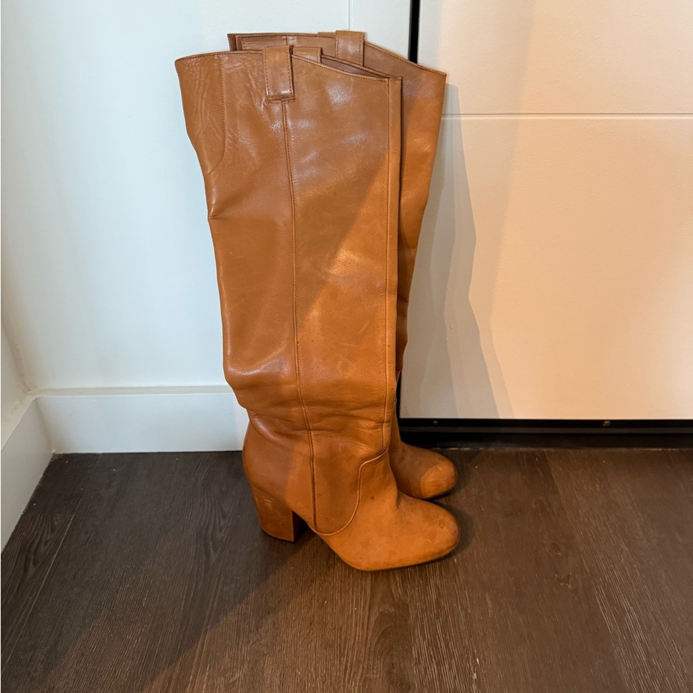 Sam Edelman Tan Leather Knee High Boots Block Heel Riding Style
